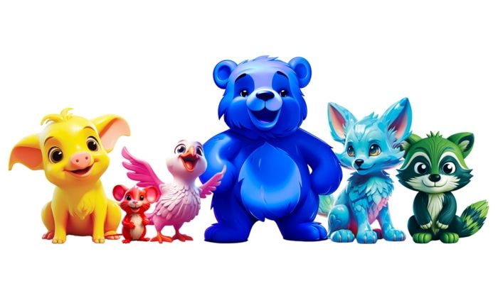 Five brightly coloured Dabblers characters — a yellow pig, pink bird, blue bear, pale blue fox and green raccoon — standing in a row.