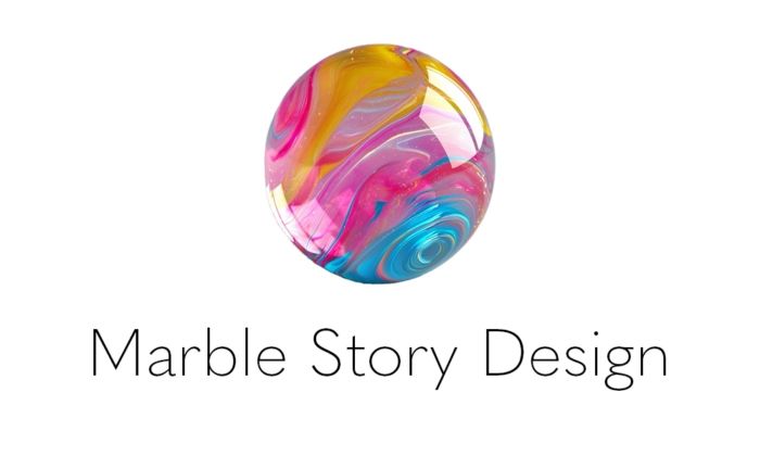 Marble Story Design logo — a swirled glass marble in pink, gold and blue above the studio name.