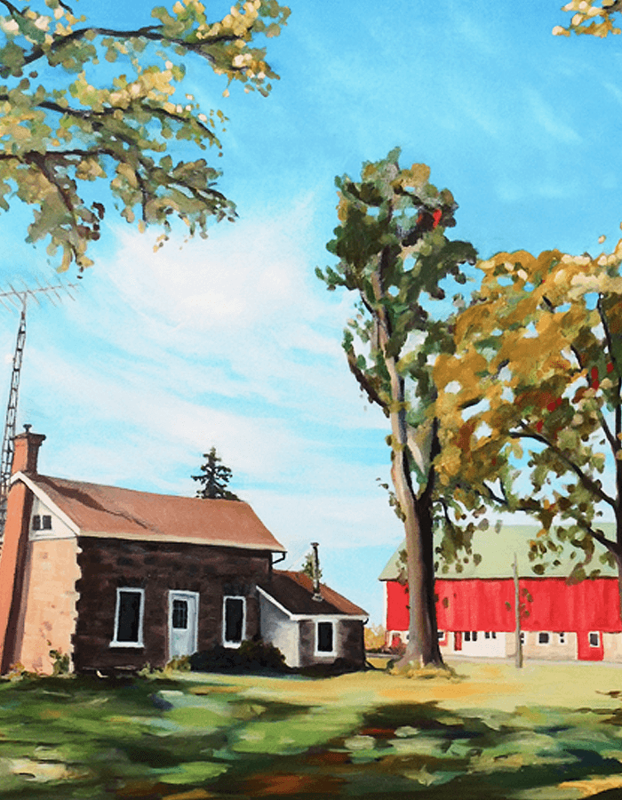 Oil painting of a brick farmhouse and red barn beneath a tall autumn tree.