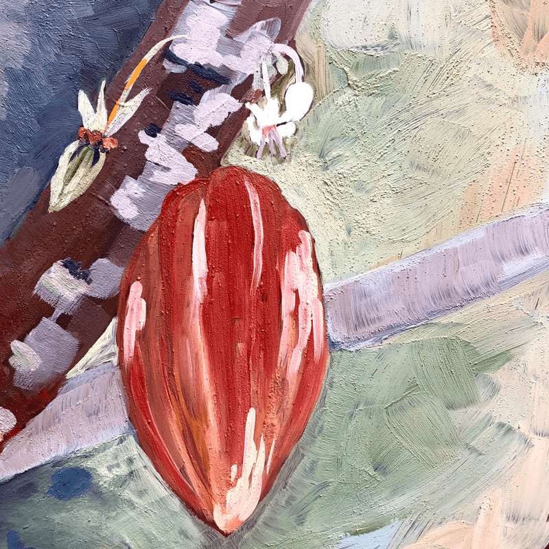 Still life of a deep red seed pod against muted green and lilac.
