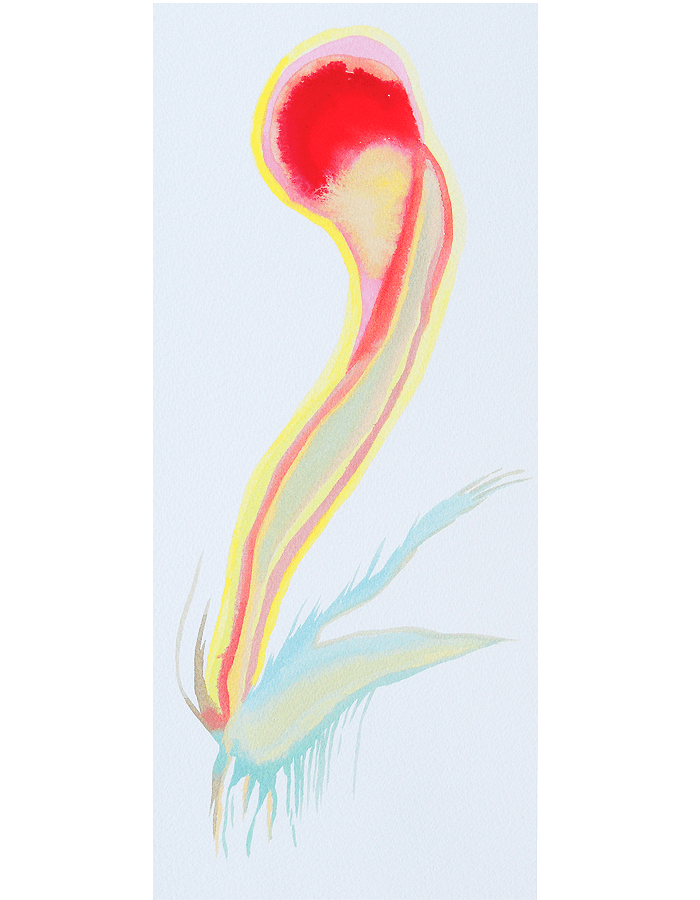 Vertical abstract in red and yellow, flame-like against pale ground.
