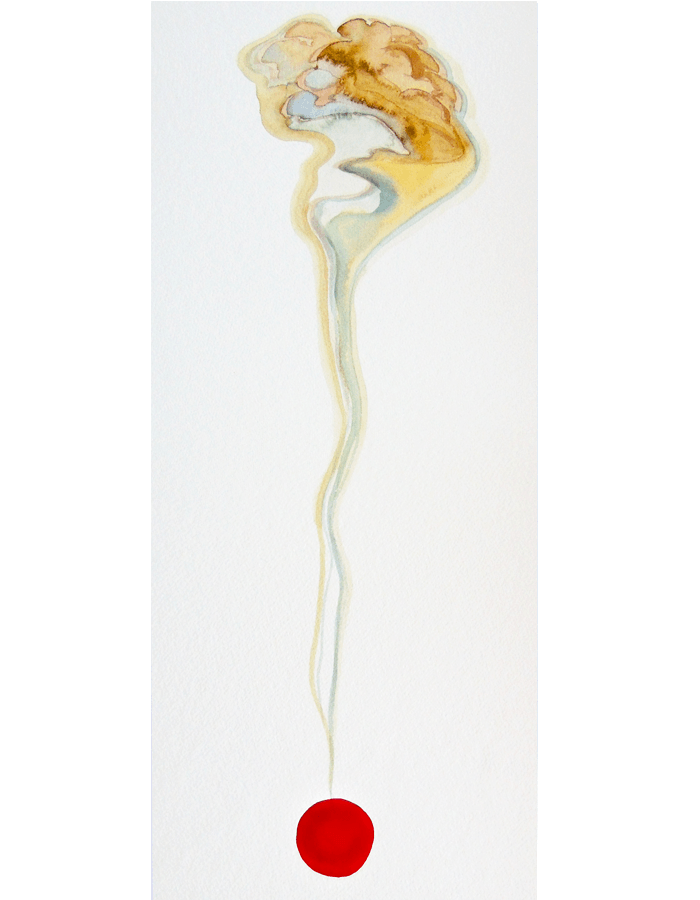 Tall pale abstract trailing down to a single red dot.