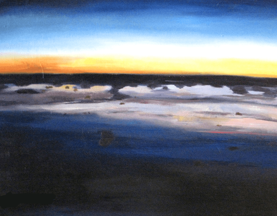 Dark seascape with a narrow band of yellow light along the horizon.