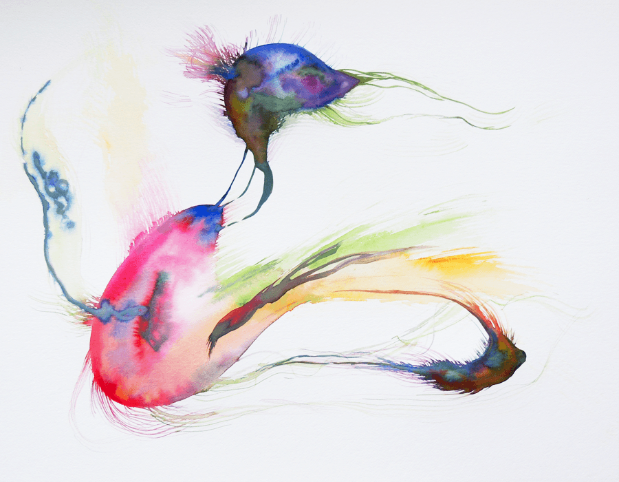 Abstract in pink, green and violet washes.