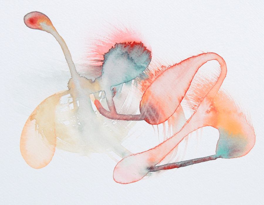 Abstract wash in coral and pale pink suggesting a bird in motion.