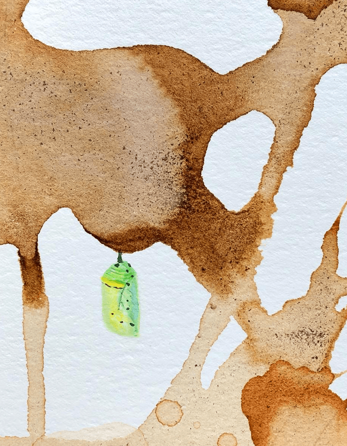 Coffee-wash abstract with a green chrysalis suspended in the drips.