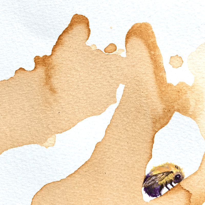 Coffee-wash abstract with a small bee resting at the lower edge.