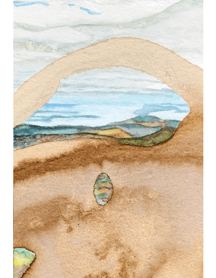 Coffee-wash landscape, an arch of clear sky opening over a blue-green sea.
