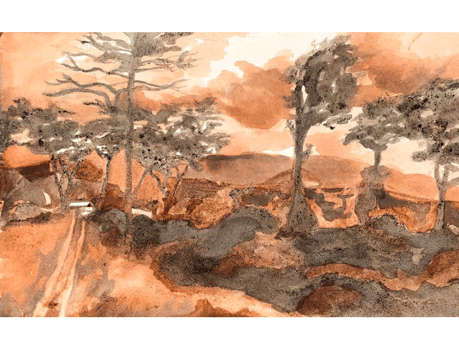 Watercolour of bare trees in rust and umber across an open plain.