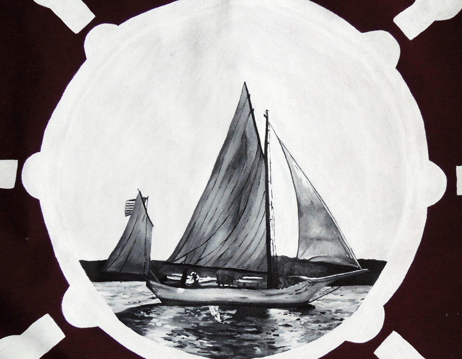 Black and white sailboat framed in a pale circle, painted for a sail cover.