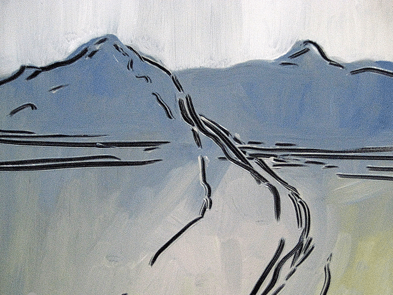 Still of a mountain ridge outlined in black over pale blue.
