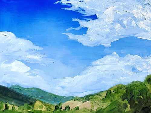Oil painting of a wide blue sky banked with white cloud above green rolling hills.